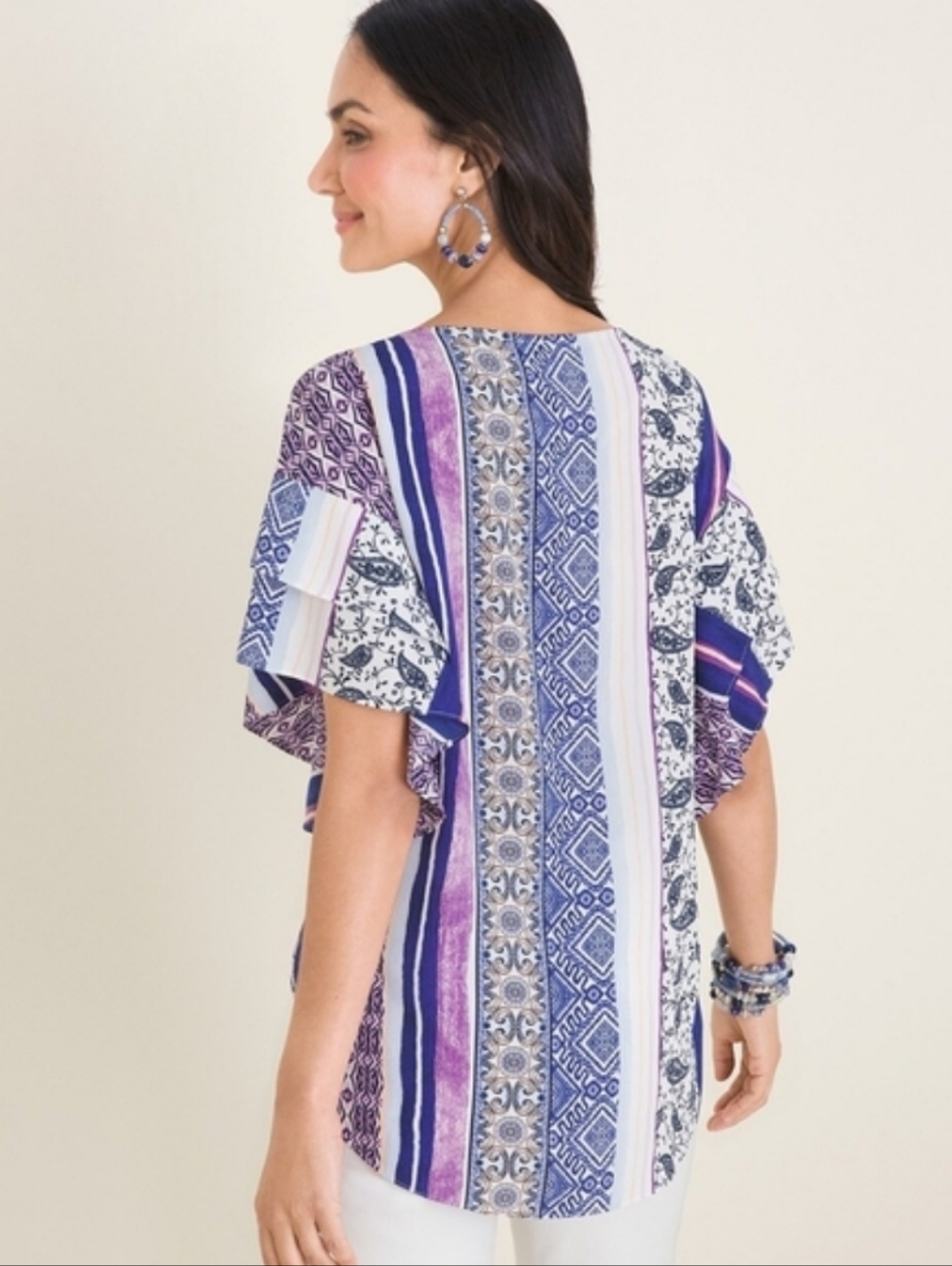 Chico's Mixed Print Flutter Sleeve Top New With Tags - Picture 2 of 9
